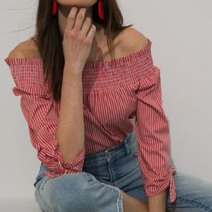 Chico's Orange & White Stripe- Off Shoulder Cotton NEW Coastal Beach Sexy